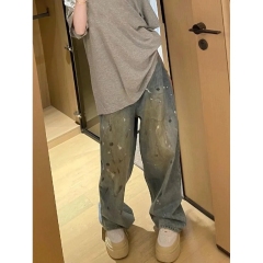 美式復古做舊闊腿牛仔褲女2025夏季新款設計感噴漆潑墨拖地牛仔褲