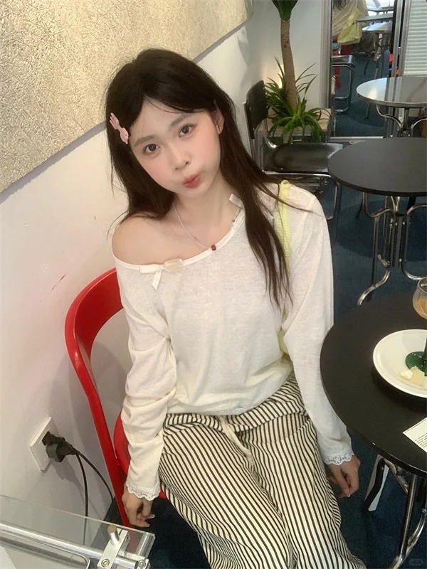 亞麻棉韓系斜肩T恤女早秋蝴蝶結露肩薄款上衣