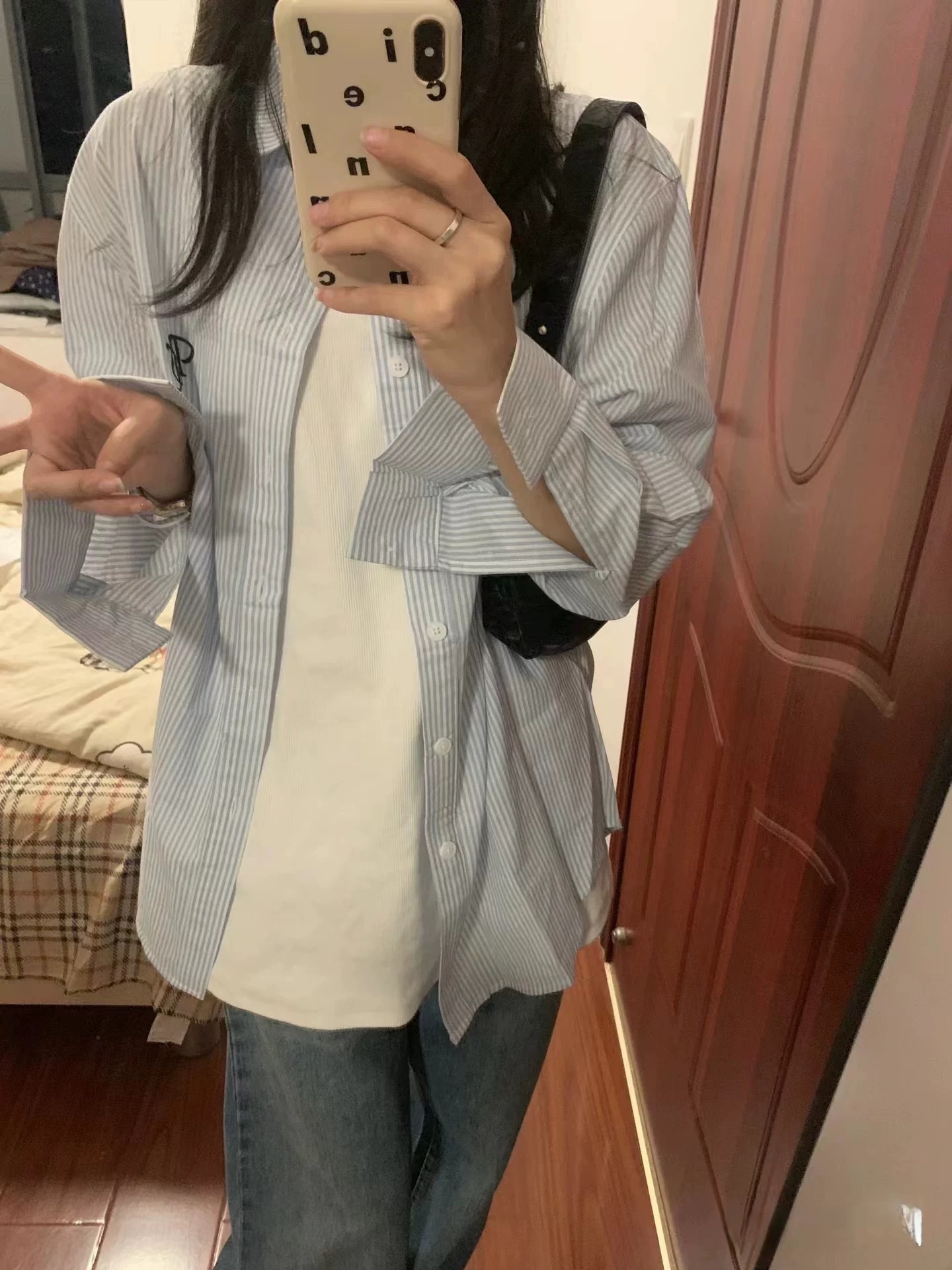 韓系藍色條紋襯衫外套女春秋寬鬆百搭慵懶鬆弛感上衣外搭防曬襯衣