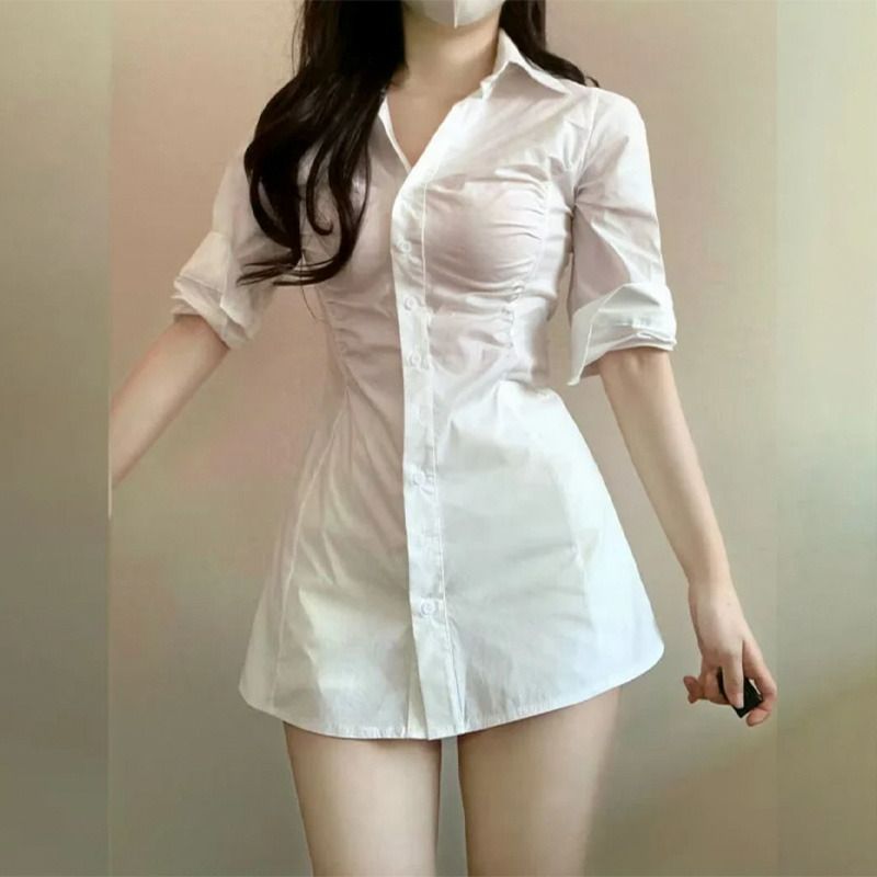 酷絲棉收腰顯瘦襯衫裙女夏小個子顯高風情萬種短裙連衣裙子