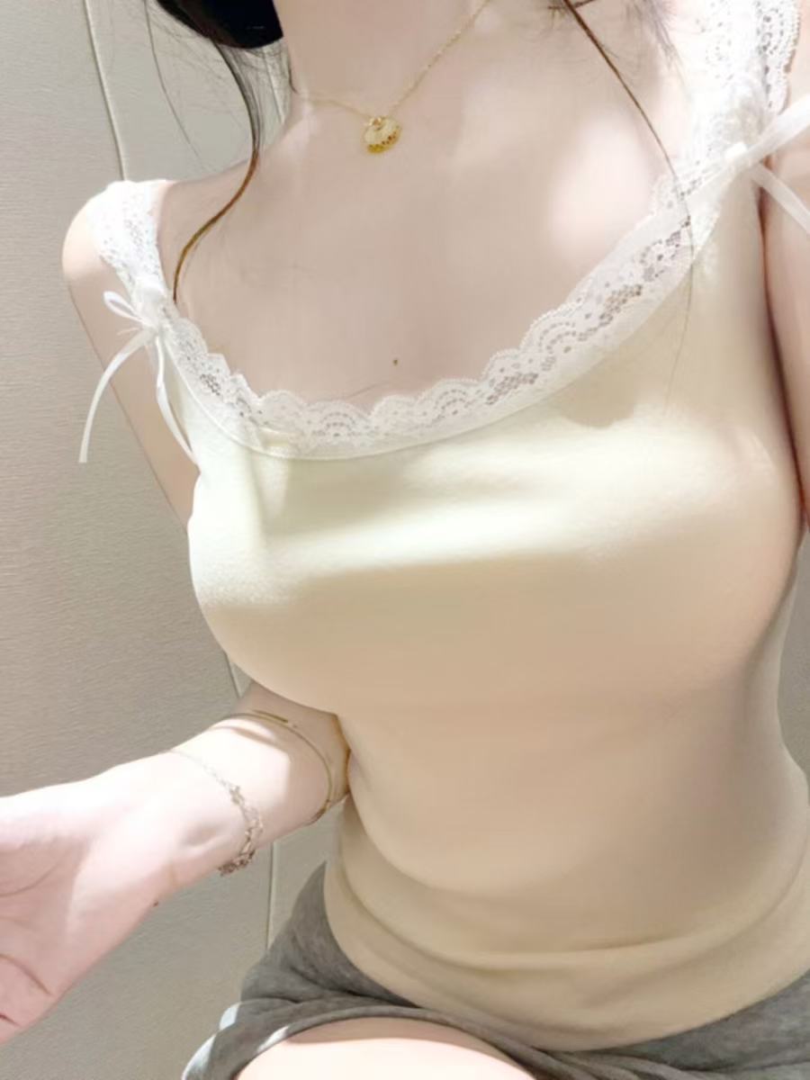 帶胸墊 40支純棉蕾絲背心女短款修身純欲吊帶上衣