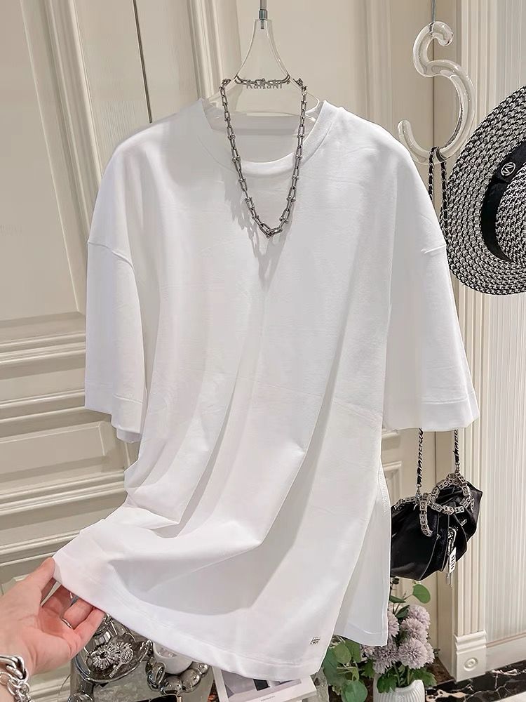 2025 summer new model large size 300 catties side slit pleated short-sleeved T-shirt for women
