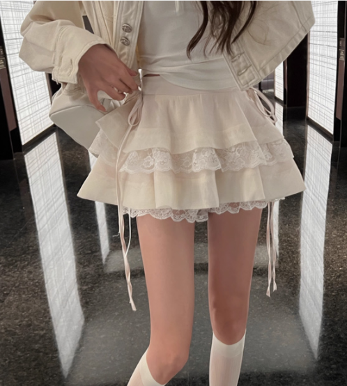 White lace skirt for women in summer ballet style cake puffy skirt high waist slim A-line sexy pure sexy skirt