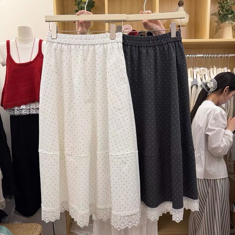 New Korean version loose high-waist rubber design spliced ​​lace age-reducing commuting casual and versatile polka dot skirt
