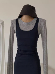 天絲羊絨 帶肩墊性感純欲微透墊肩長袖T恤女秋季中長款上衣