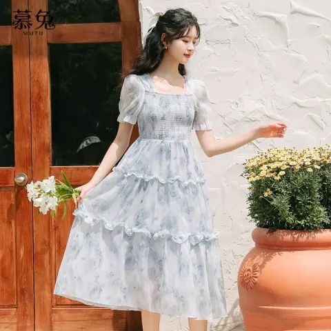 法式水墨暈染連衣裙少女2025夏季新款氣質顯瘦碎花蛋糕中長裙子