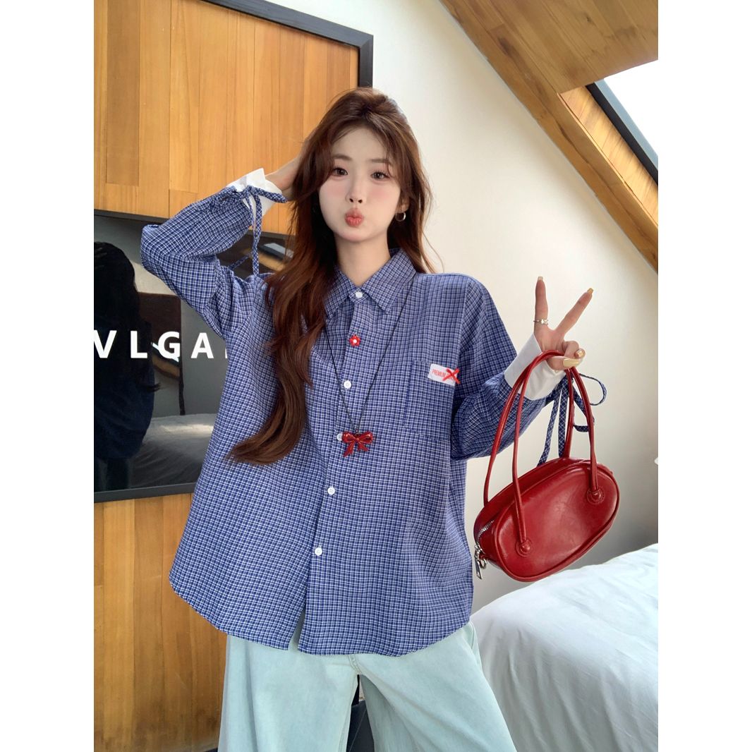 Korean retro college style blue plaid shirt for women 2025 spring loose design chic strap long sleeve top