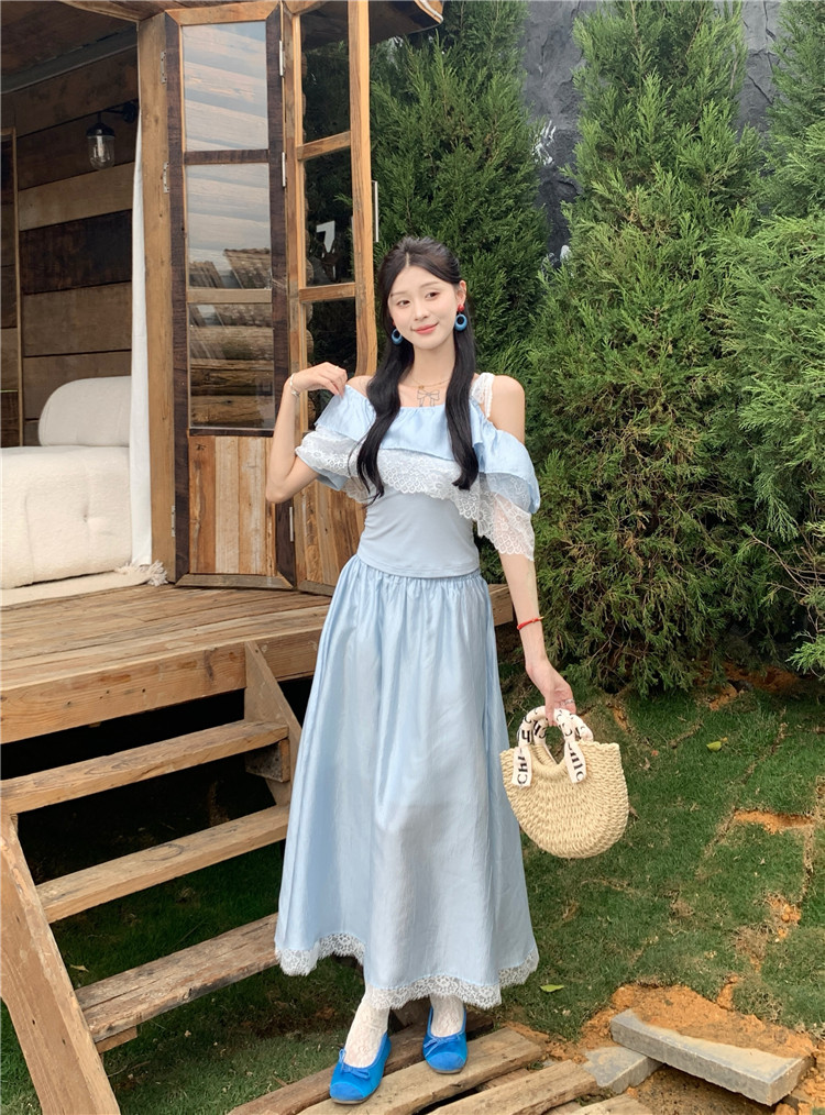 Real shot 2025 new lace spliced ​​ruffled short-sleeved top + high-waisted lower skirt two-piece set