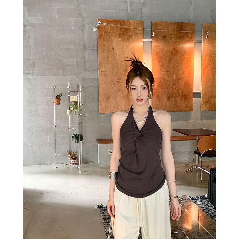 外貿熱銷款辣妹純欲風小眾扭結掛脖吊帶背心夏季內搭上衣