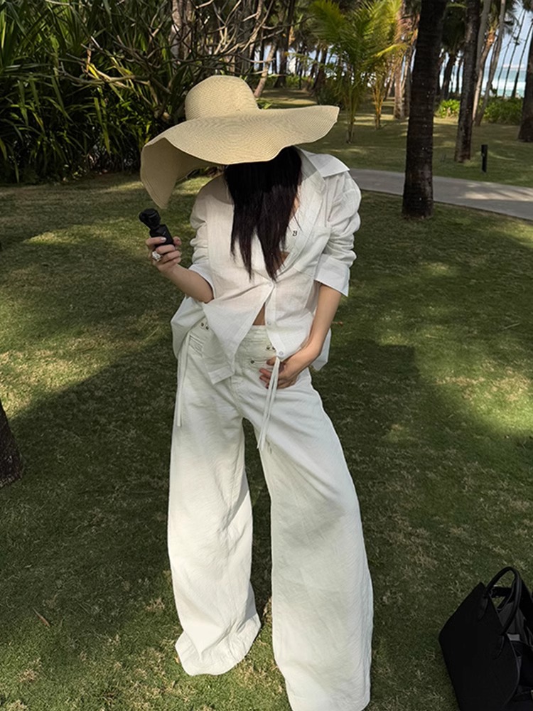 法式純棉麻防曬白色襯衫女長袖薄款寬鬆外搭防曬襯衣天絲亞麻上衣