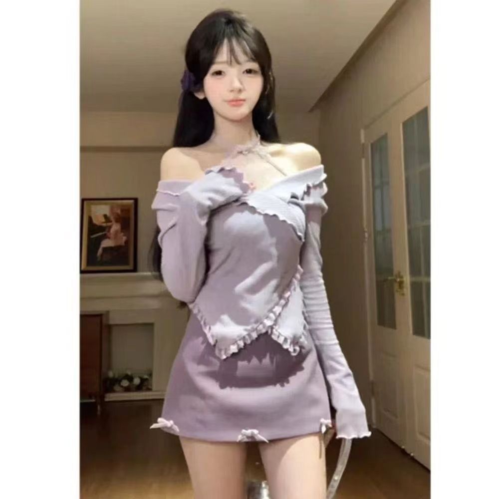 2025 hot girl ear long sleeve purple suit slimming skirt for spring new top two-piece set school season