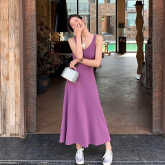 Tmall Quality V-neck Tied-waist Knit Strap Dress with High-end Style and Slimming A-line Back Center Medium-length Dress