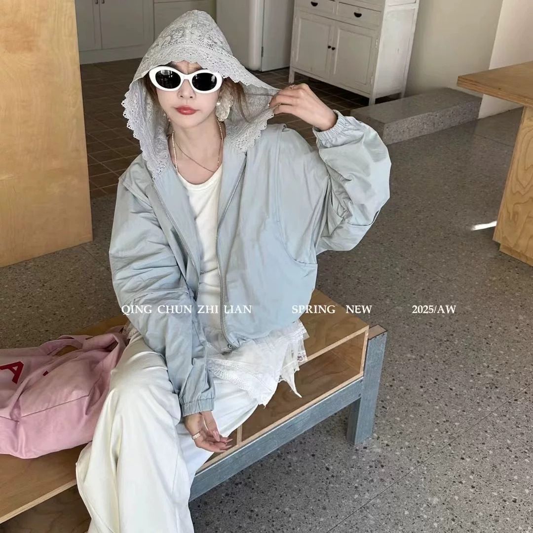 蕾絲拼接連帽短外套女薄款2025年春夏季新款時尚百搭顯瘦防曬上衣