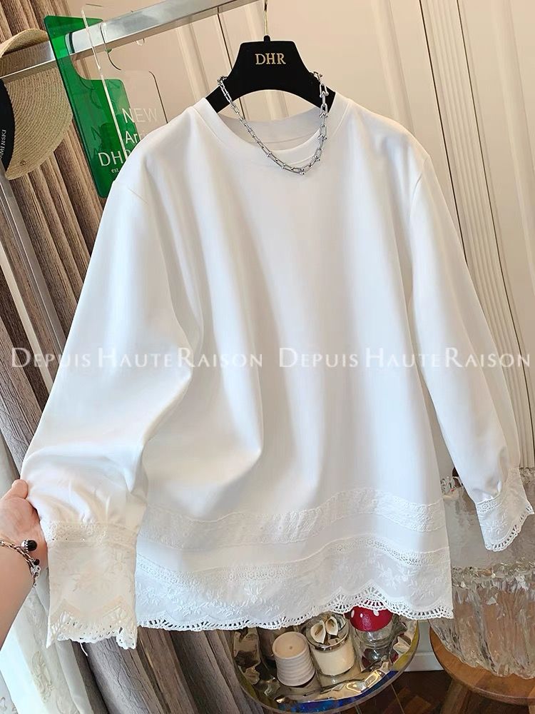 Korean version of 2025 new extra-large lace fake two-piece white T-shirt loose top for women