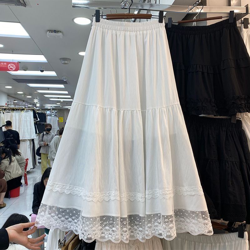 甜美蕾絲花邊拼接白色半身裙女春夏2025年新款鬆緊高腰a字中長裙