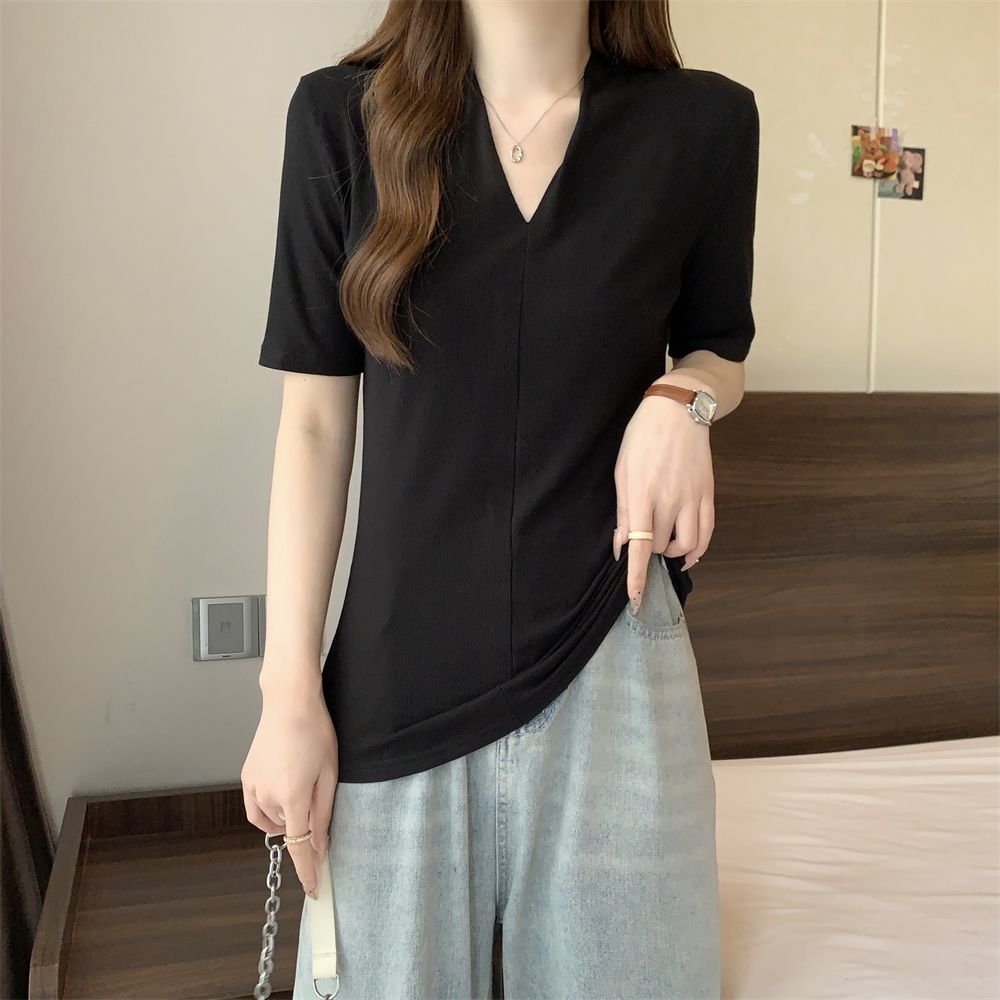 Real shot of Korean Foreign Trade 2025 new pure cotton slim V-neck short-sleeved T-shirt women's top in summer