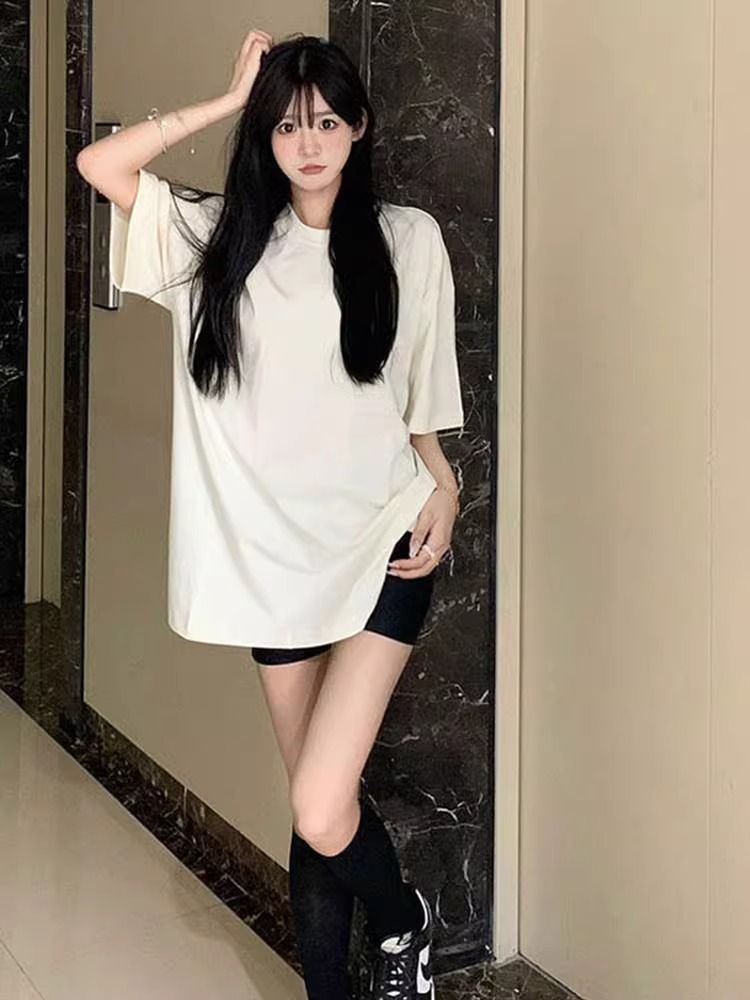 200g pure cotton 2025 new summer large size loose mid-length dress fat mm short-sleeved T-shirt skirt for women