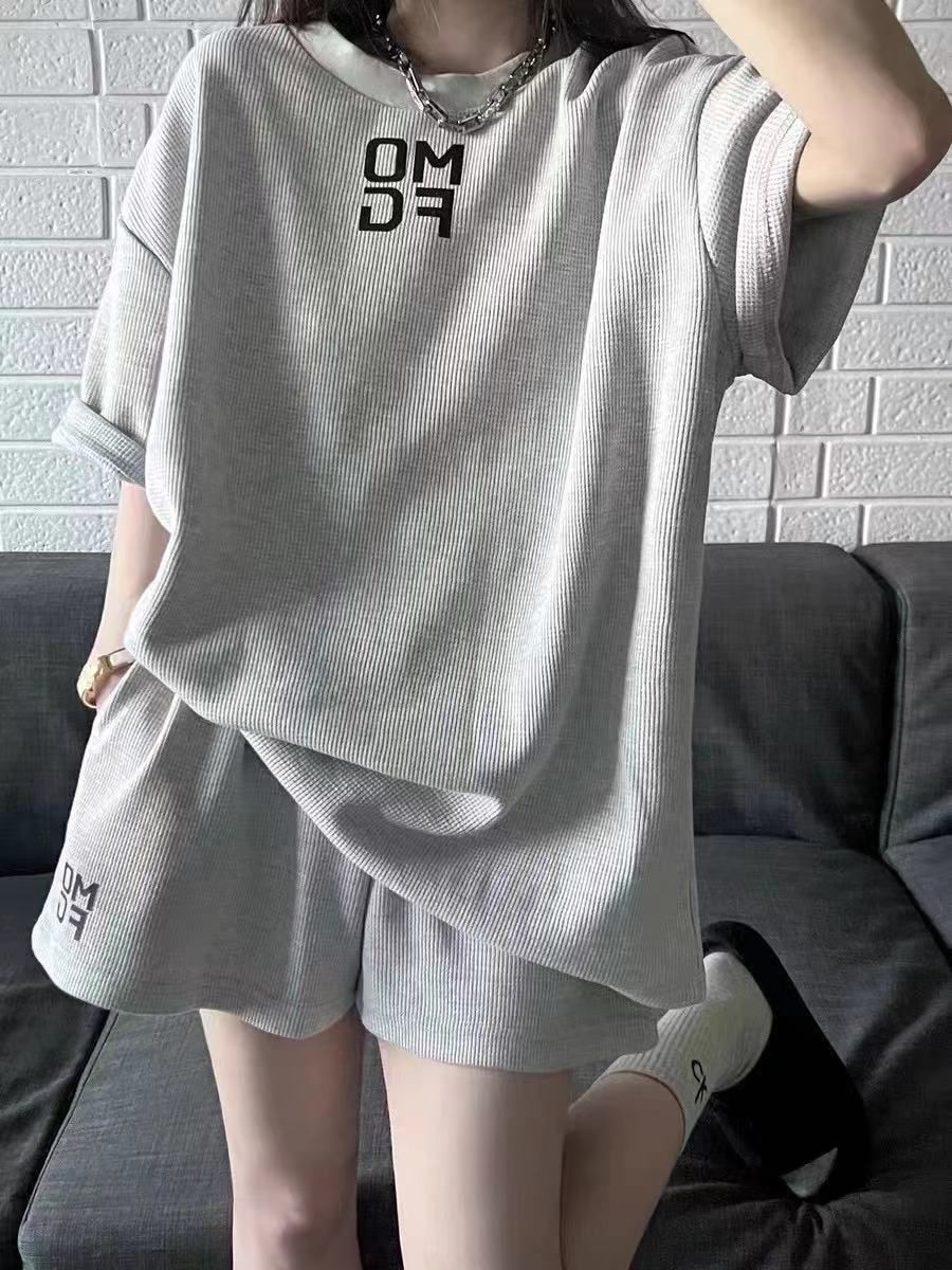 美式復古運動服套裝女學生夏季寬鬆短袖短褲時尚休閒華夫格兩件套