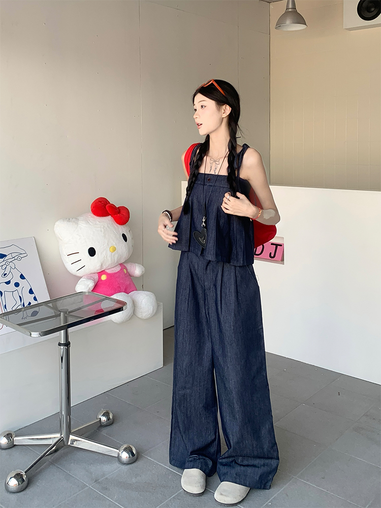 Real photo of Korean chic simple casual suit suspender top + lazy casual pants