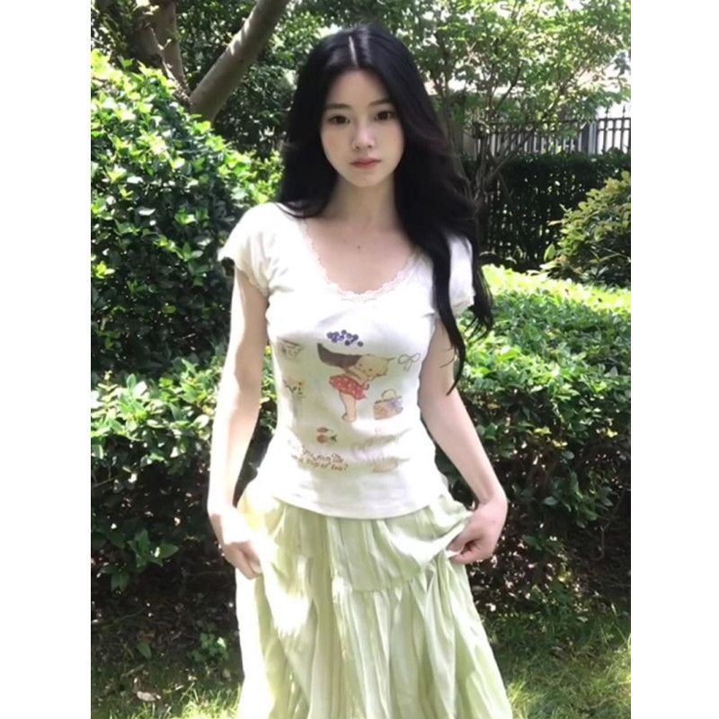 官方原版面料蕾絲花邊卡通印花女圓領修身上衣