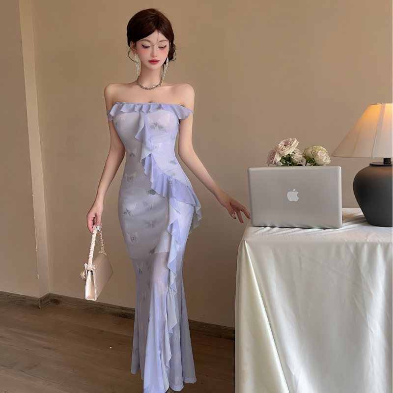 Sexy mesh printed base long suspender vest dress