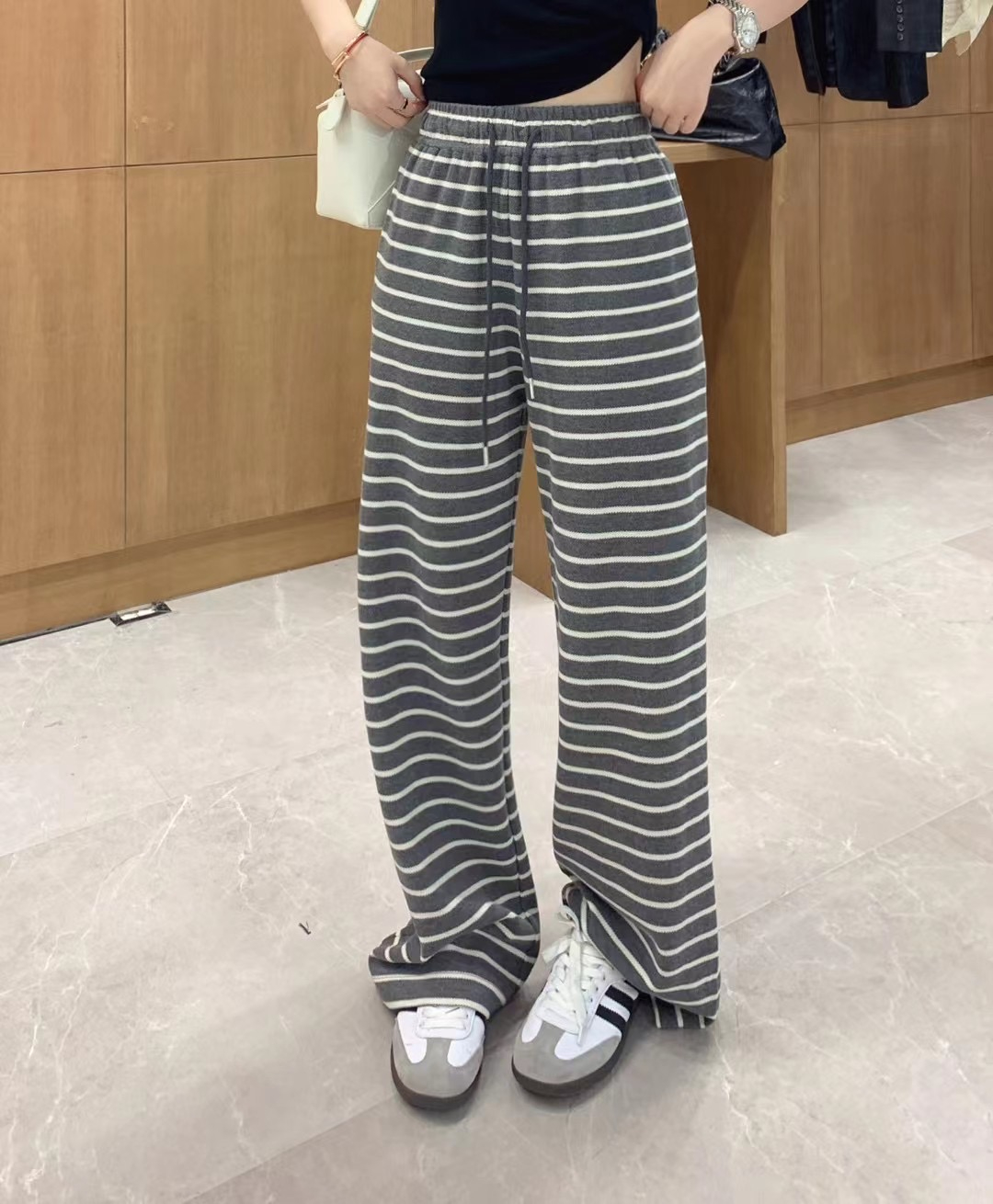 300g corduroy autumn and winter thickened knitted striped wide-leg pants loose and slim and narrow version high waist draping and casual