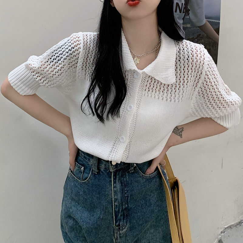 Fat mm large size hollow short-sleeved sweater Korean style Japanese sweater lapel pure white puff sleeve cardigan top