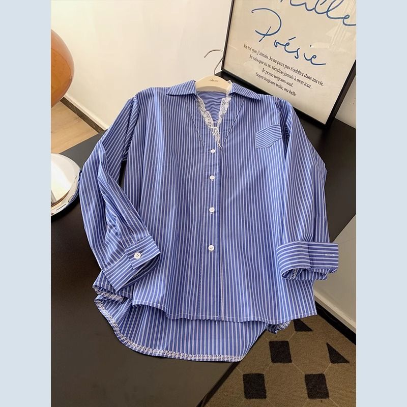 Blue casual striped lace spliced ​​long-sleeved shirt jacket for women loose lazy style top trendy