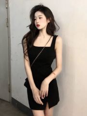 Hot girl black suspender vest dress for women in summer waistband slim hip-pack skirt slim A-line sleeveless short skirt