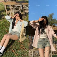 2025年新款粉色藍色單件情侶設計顯嫩格子襯衫女百搭休閒寬鬆外套