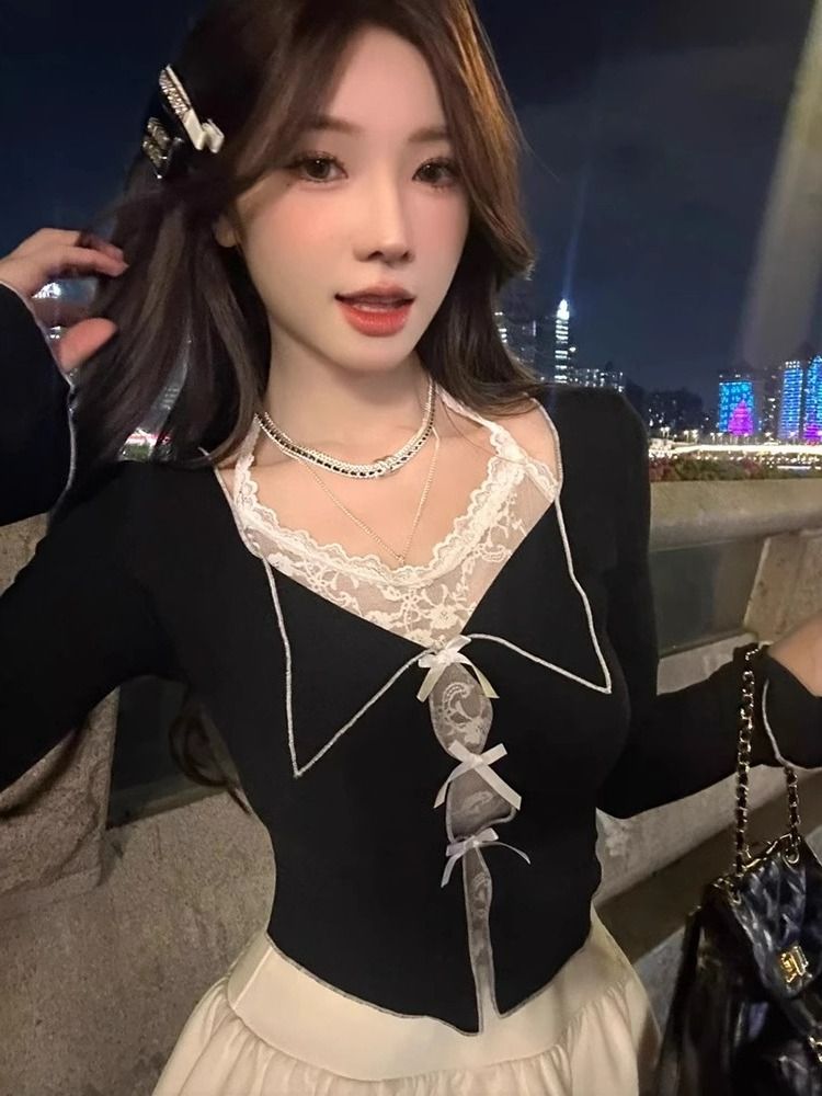 莫代爾人棉新年紅純欲風假兩件掛脖蕾絲長袖t恤女