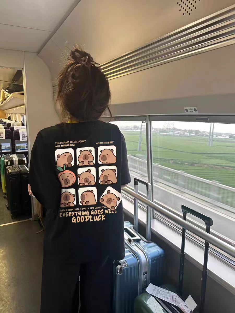 200g combed and tight spun in 2025, pure cotton back bag strip, spring and summer loose shoulder printed short-sleeved T-shirt