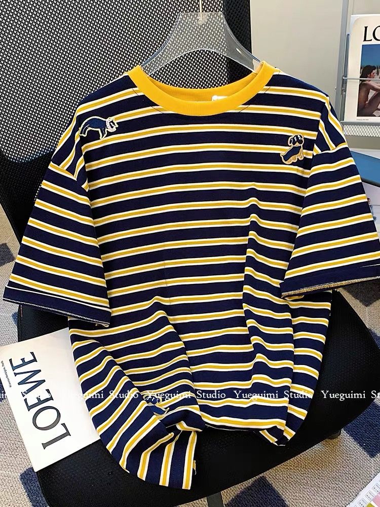 2025 new contrasting striped short-sleeved T-shirt for women 2025 new summer top