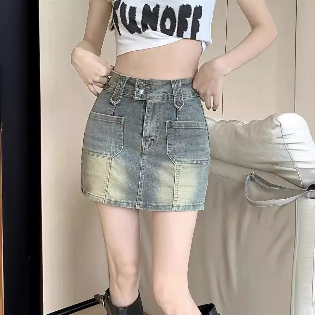 Yellow mud hot girl high waist denim skirt for women in summer new elastic slim fit versatile anti-exposure hip-covered skirt