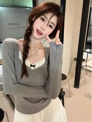 蕾絲拼接T恤女秋冬小心機加厚磨毛內搭長袖打底衫上衣ins