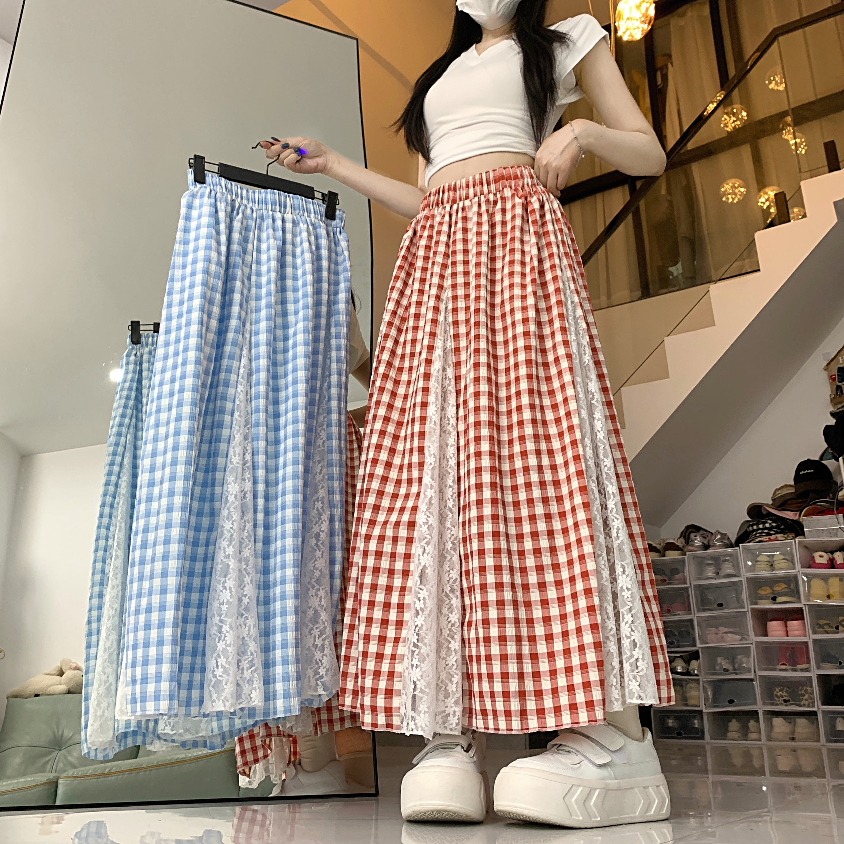 實拍韓系甜美蕾絲拼接格子半身裙女夏季a字傘裙高腰顯瘦中長裙子