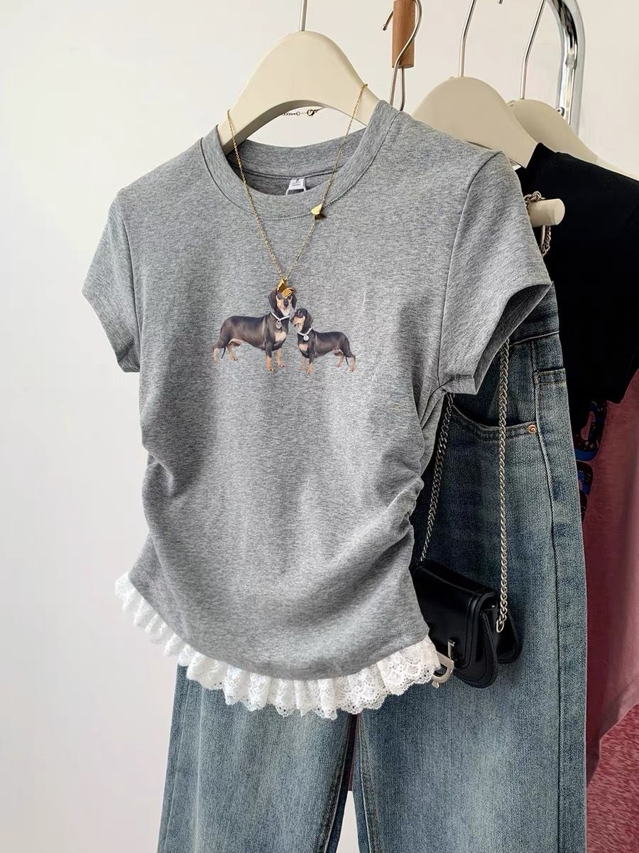 Pure cotton lace lace hem spliced ​​slim short-sleeved T-shirt round neck versatile slim top