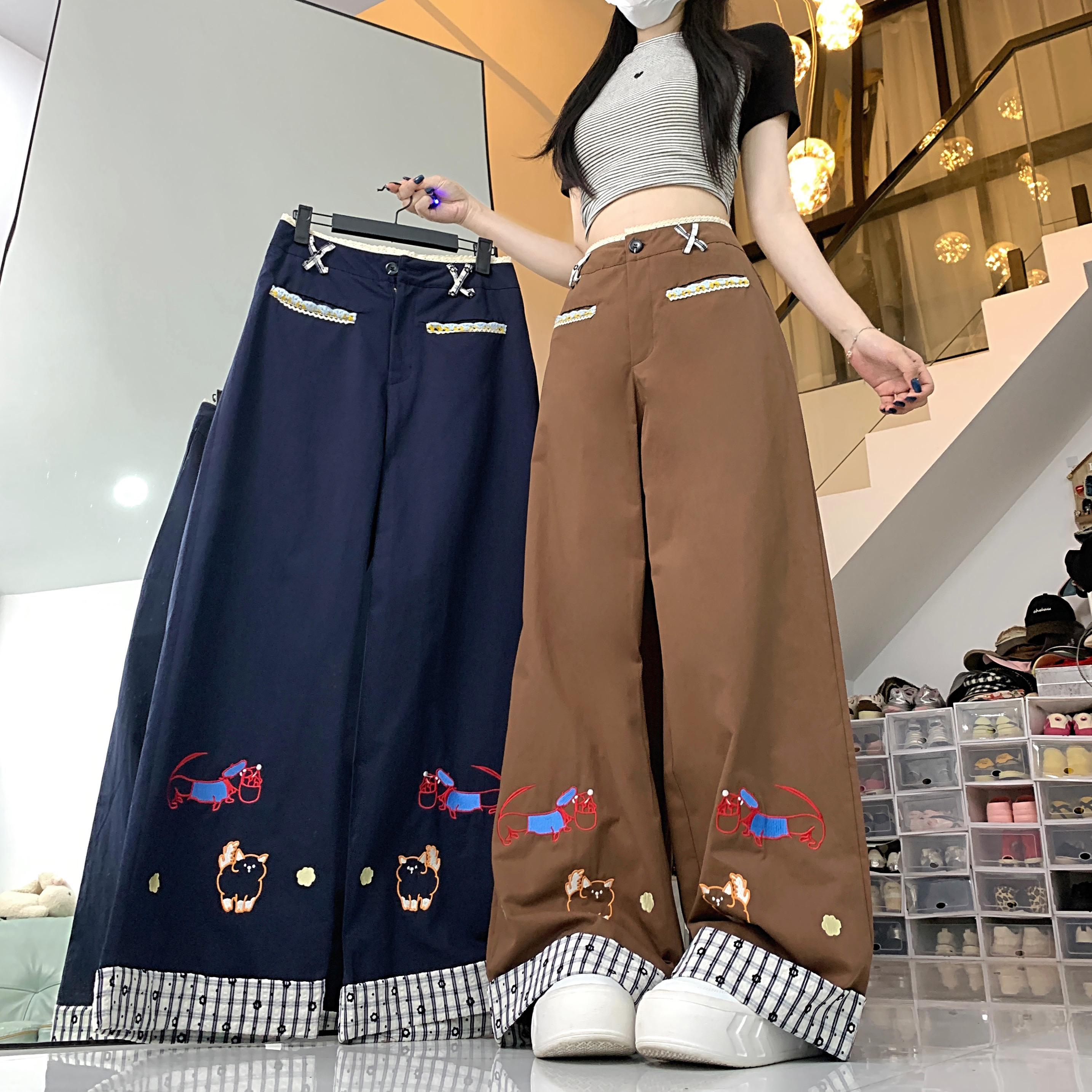 實拍童趣刺繡重工拼接棉布褲女春夏季復古百搭寬鬆直筒休閒長褲子
