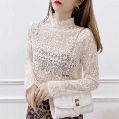 Temperament high-end lace base shirt new style mesh top white texy fairy shirt