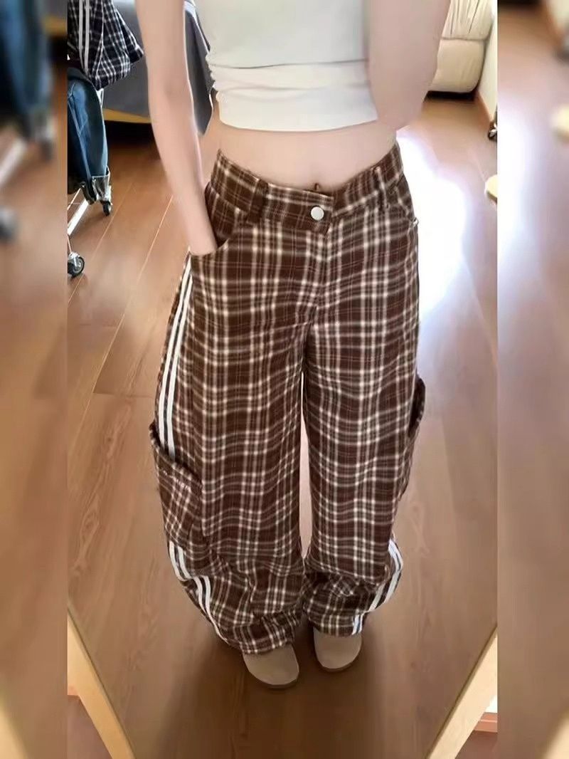 , suit waist American retro striped plaid work pants 2025 early spring new floor trousers
