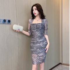 Sexy mesh mid-length hip-covered square collar mid-sleeved base dress