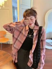 法式粉色格子襯衫女春夏季2025新款設計感寬鬆內搭防曬外套上衣女