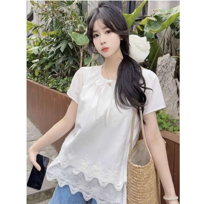 Korean large-size casual hollow short-sleeved shirt women's summer white shirt fat MM slim top