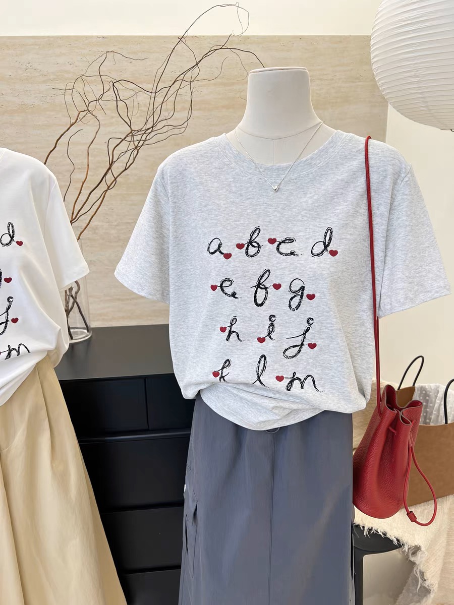 200g combed and tight spun in 2025, pure cotton back bag strip, spring and summer loose shoulder printed short-sleeved T-shirt