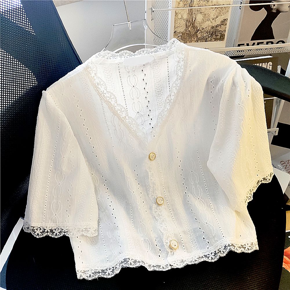 Real shot v-neck short chiffon shirt design lace shirt women's top short sleeve shirt v-neck hollow shirt summer
