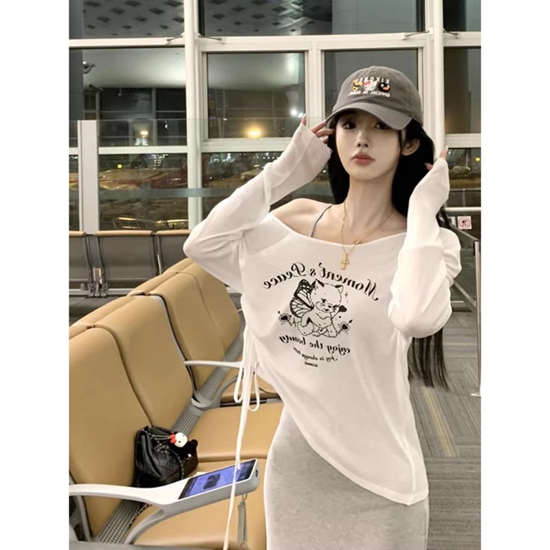 Original fabric cat printed off-shoulder T-shirt for women loose sunscreen blouse drawstring top