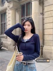 小眾設計感拼接假兩件長袖T恤女秋季修身顯瘦短款上衣ins