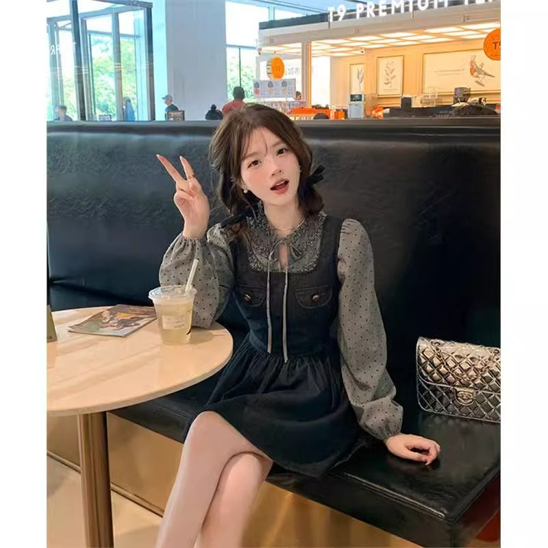 春秋穿搭一整套女寬鬆復古蝴蝶結牛仔背帶連衣裙波點系帶花邊襯衫