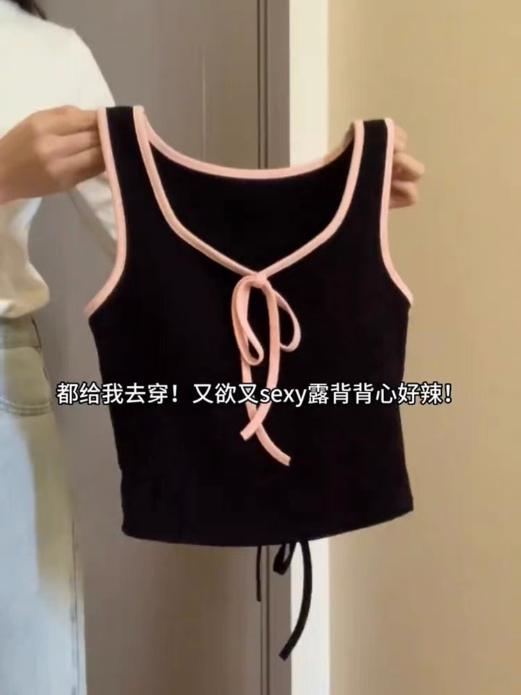 40支純棉甜美可愛設計感上衣蝴蝶結露背短款上衣