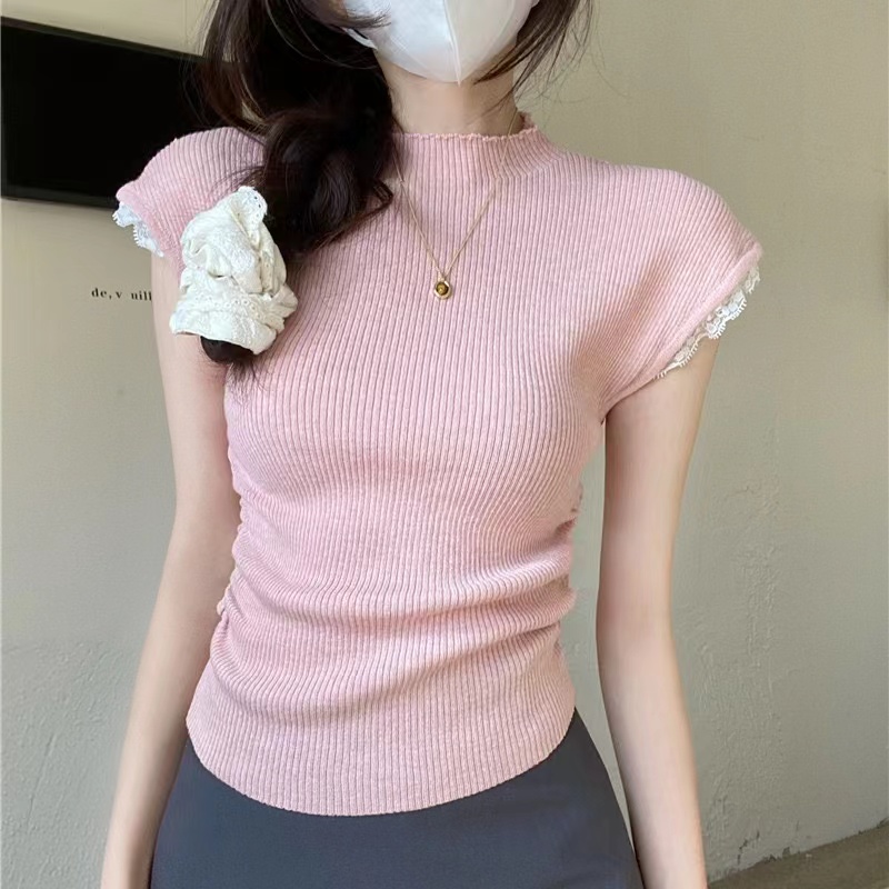 設計感蕾絲袖邊正肩短袖t恤女夏季薄款褶皺小心機純欲甜辣妹上衣